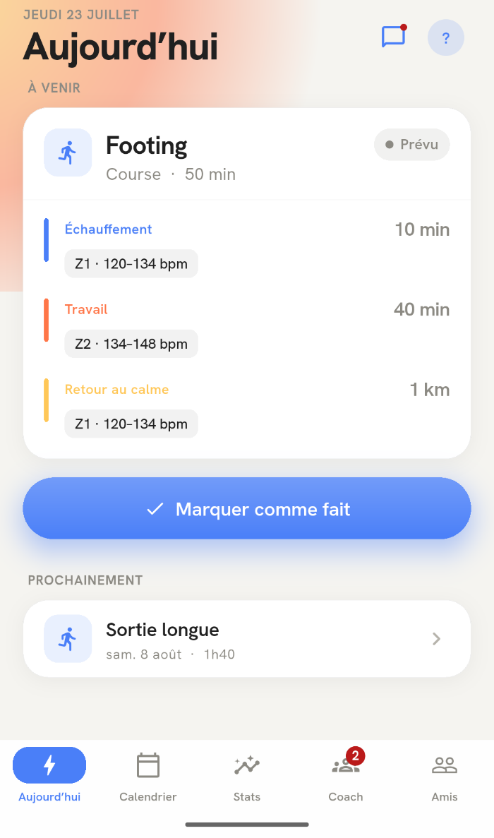 L'écran Aujourd'hui de Goatching : la séance du jour, Footing 50 min, détaillée en échauffement, travail et retour au calme avec les zones cardiaques.